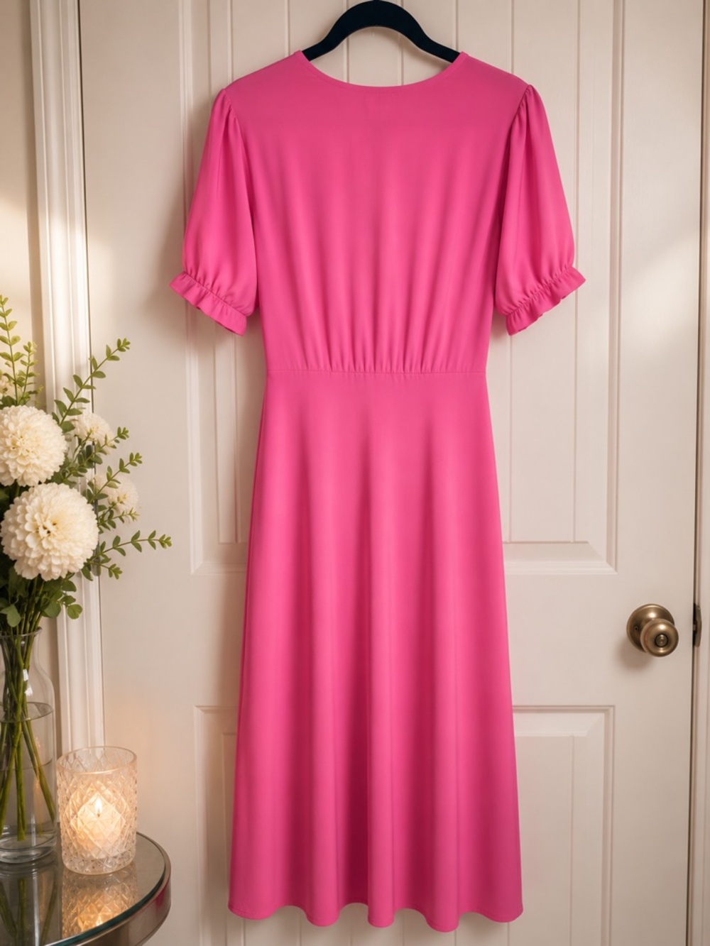 A New Day Hot Pink Maxi Dress V-Neck Puff Sleeve Empire Waist - Picture 3 of 4